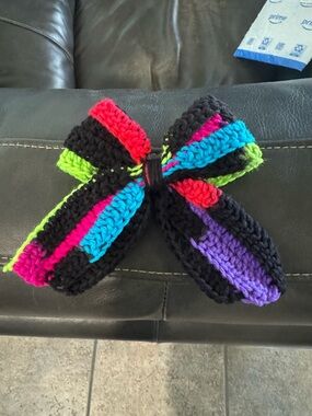 Kids Crochet Bow Hair Clip - Black with Bright Multicolor Stripes
